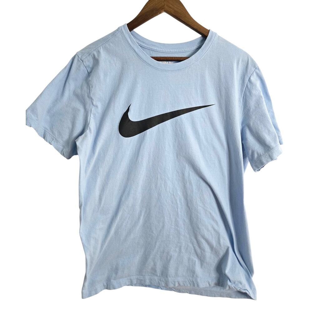 Nike Tee T Shirt Large Light Blue Black Swoosh Logo Short Sleeve Cotton
